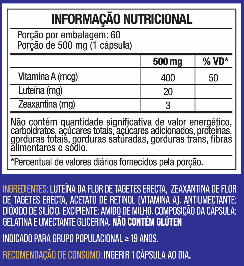 Luteina 20mg + Zeaxantina 3mg com Vitamina A - Suplemento Alimentar 60 Capsulas Concentracao Maxima - Nutrione