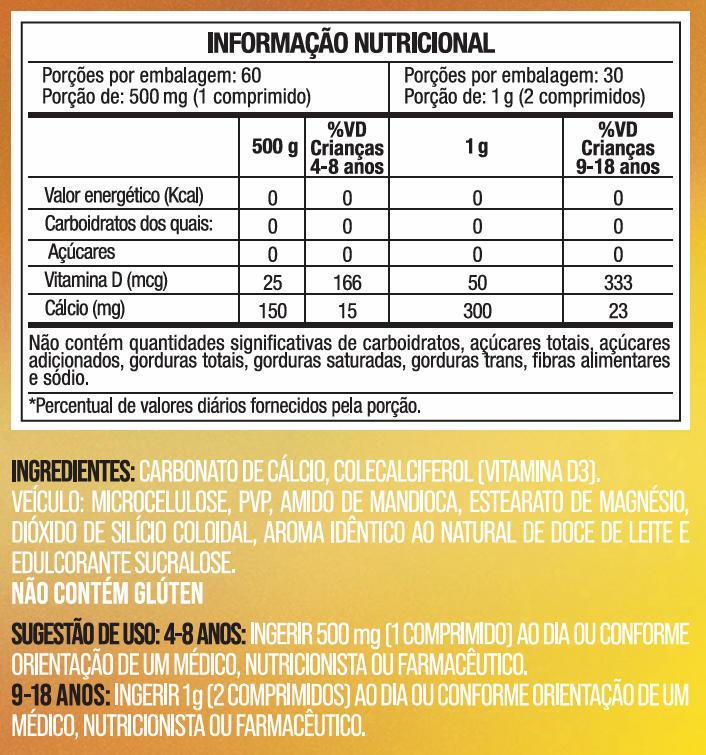 Cálcio D3 Concentrado Sabor Doce de Leite - Vitamina D3 e Carbonato de Cálcio - 60 Comprimidos - Nutrione