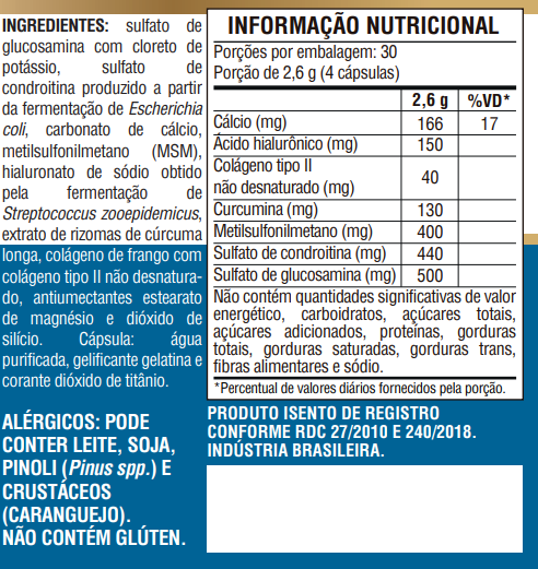 Glucosamina, MSM, Condroitina, Curcumina, Colageno Tipo II, Acido Hialuronico e Calcio 120 Caps - Nutrione
