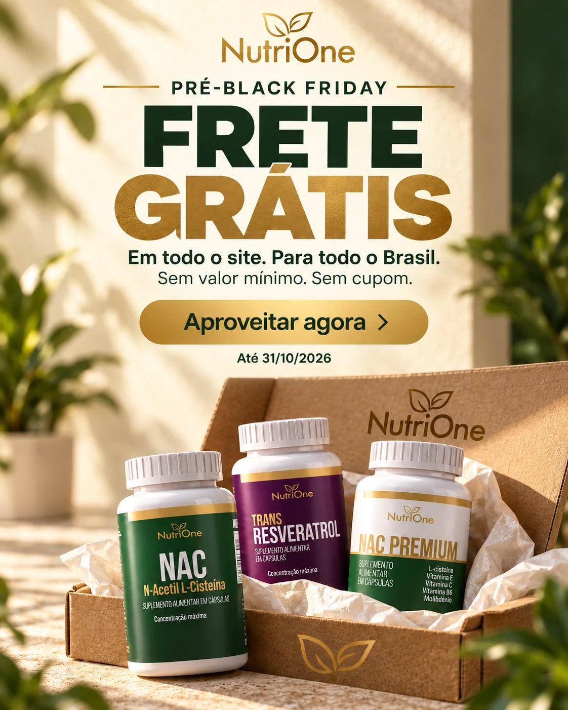 Pré-Black Friday NutriOne: frete grátis em todo o site, para todo o Brasil. Sem valor mínimo, sem cupom. Até 31/10/2026. Aproveitar agora.