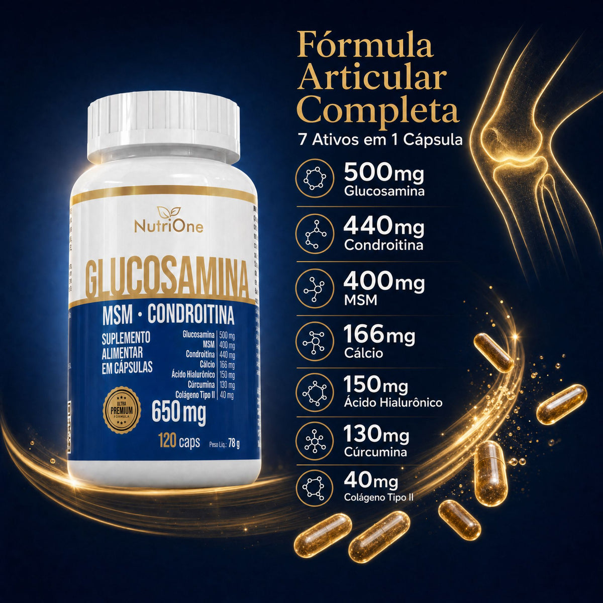 Glucosamina, MSM, Condroitina, Curcumina, Colageno Tipo II, Acido Hialuronico e Calcio 120 Caps - Nutrione