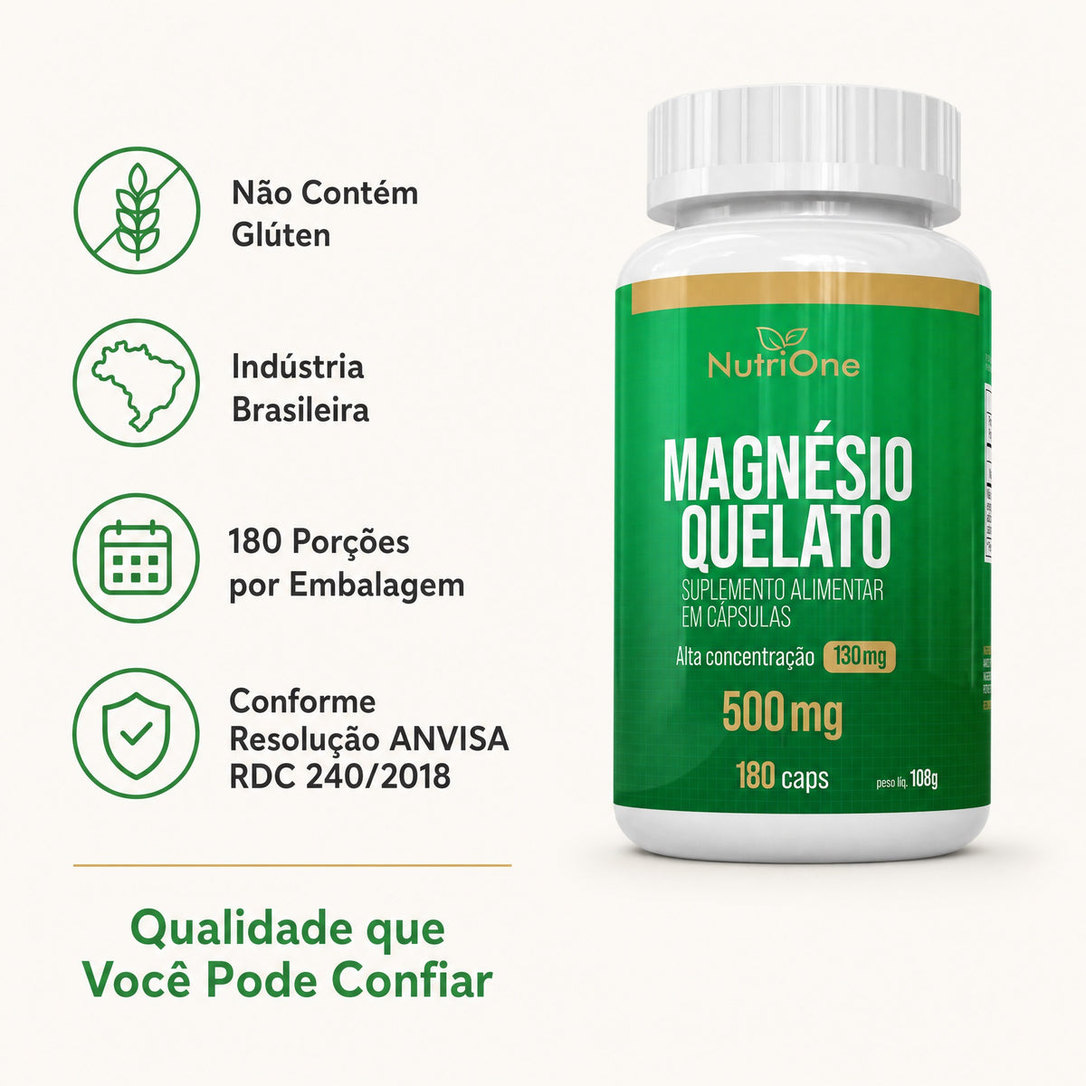 Magnésio Quelato (Bisglicinato) 180 Caps 500mg - Nutrione