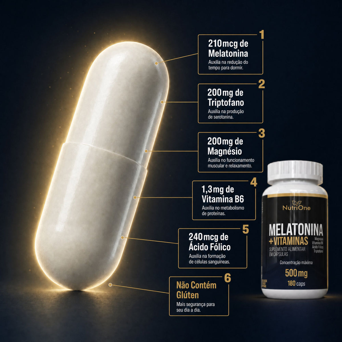 Melatonina 180 Cápsulas + Triptofano, Magnésio, Metilfolato e Vitamina B6 - Nutrione