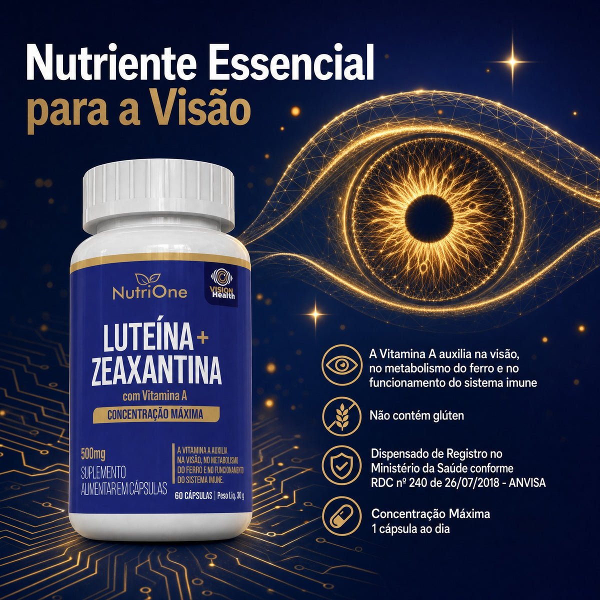 Luteina 20mg + Zeaxantina 3mg com Vitamina A - Suplemento Alimentar 60 Capsulas Concentracao Maxima - Nutrione