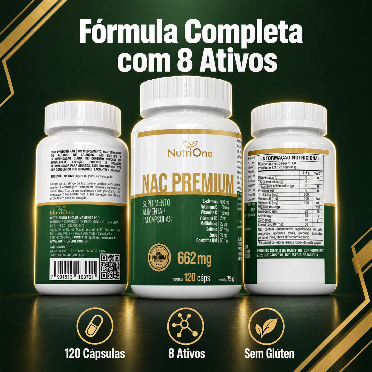 NAC Formula Premium 8 Ativos Concentrados 120 Capsulas - Nutrione