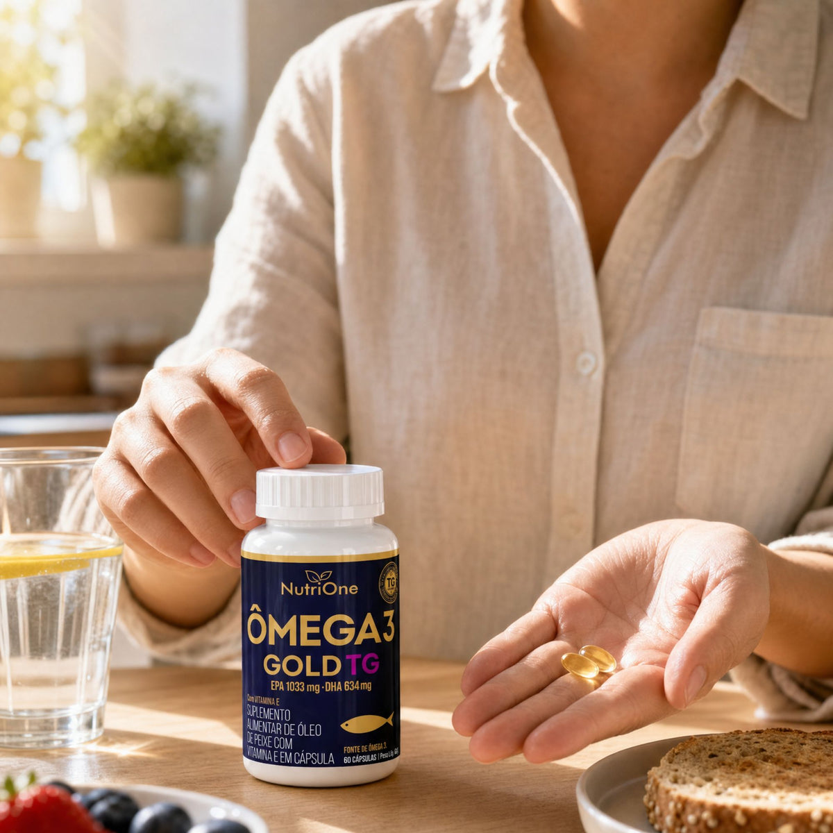 Ômega 3 Gold TG 1200mg EPA 1033mg DHA 634mg com Vitamina E 60 Cápsulas Óleo de Peixe Triglicerídeo Sem Glúten - Nutrione