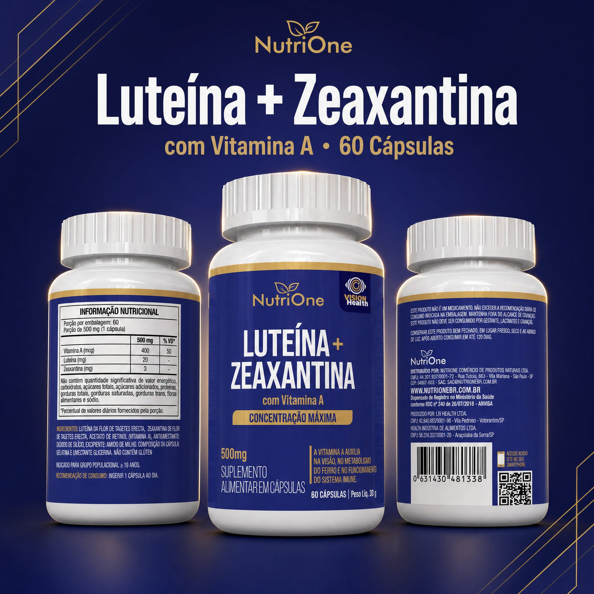Luteina 20mg + Zeaxantina 3mg com Vitamina A - Suplemento Alimentar 60 Capsulas Concentracao Maxima - Nutrione