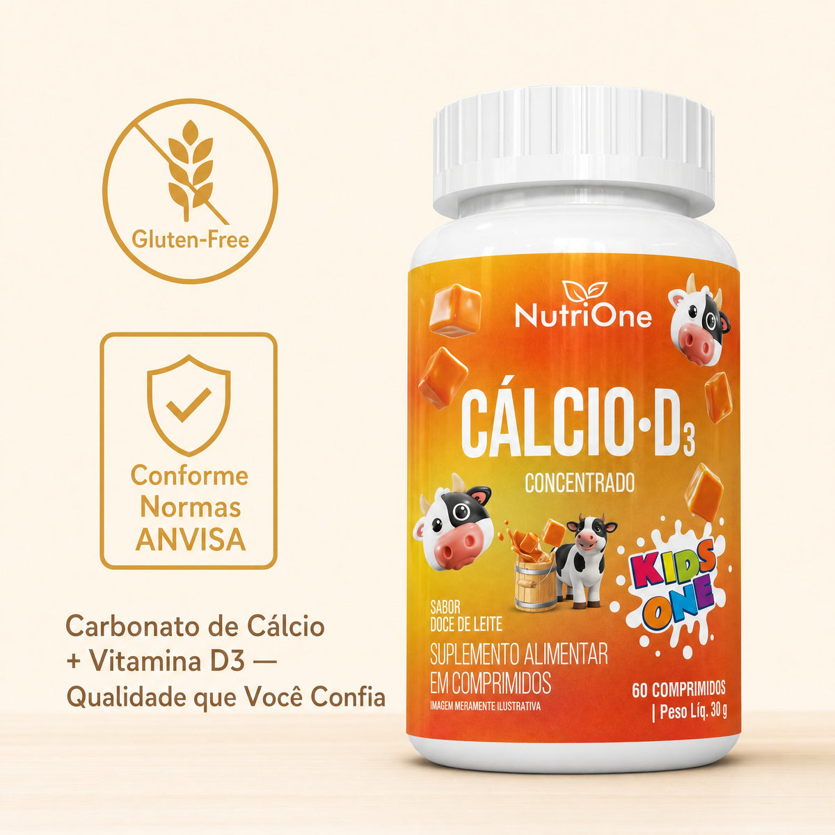 Cálcio D3 Concentrado Sabor Doce de Leite - Vitamina D3 e Carbonato de Cálcio - 60 Comprimidos - Nutrione