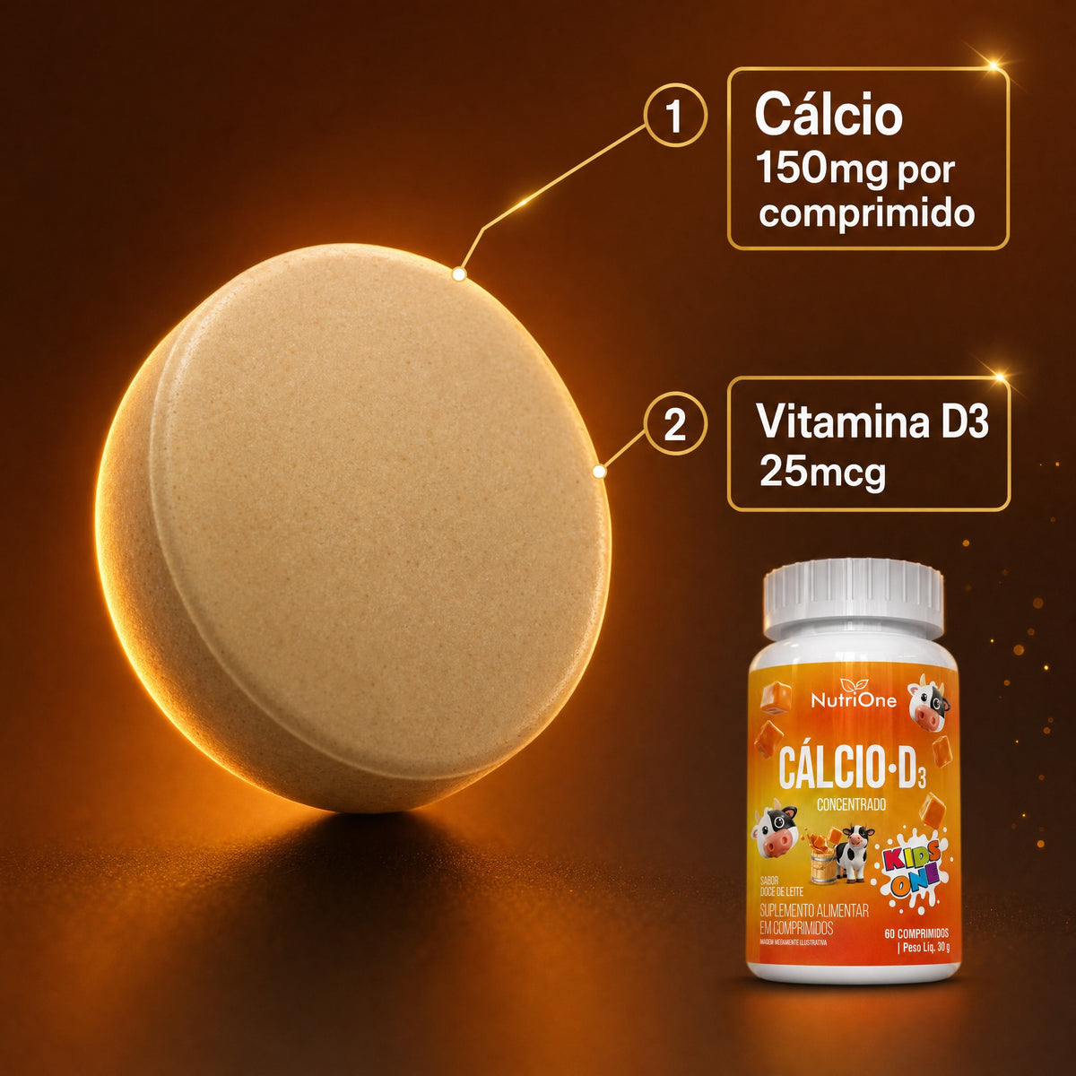 Cálcio D3 Concentrado Sabor Doce de Leite - Vitamina D3 e Carbonato de Cálcio - 60 Comprimidos - Nutrione