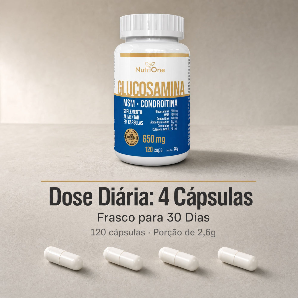 Glucosamina, MSM, Condroitina, Curcumina, Colageno Tipo II, Acido Hialuronico e Calcio 120 Caps - Nutrione