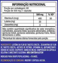 Luteina 20mg + Zeaxantina 3mg com Vitamina A - Suplemento Alimentar 60 Capsulas Concentracao Maxima - Nutrione