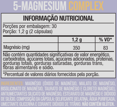 Tabela nutricional: 350 mg de magnésio por 2 cápsulas, 30 porções
