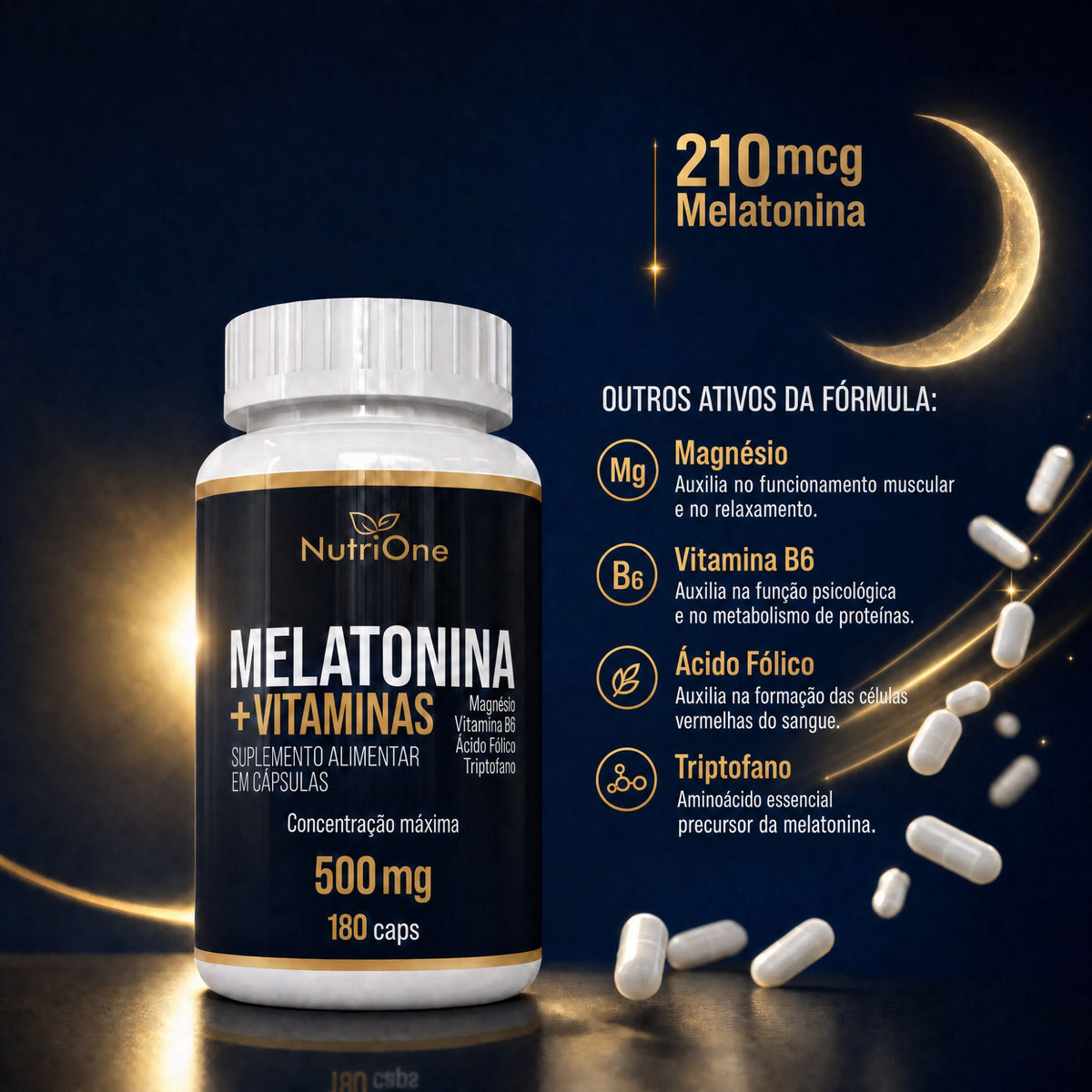 Melatonina 180 Cápsulas + Triptofano, Magnésio, Metilfolato e Vitamina B6 - Nutrione
