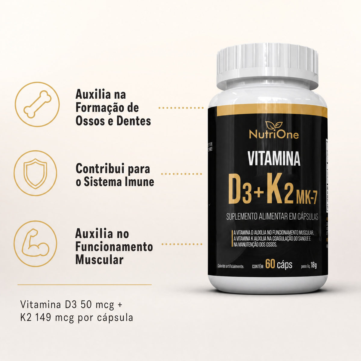 Vitamina D3 + K2 Mk7 Alta Concentracao 180 Caps - Nutrione