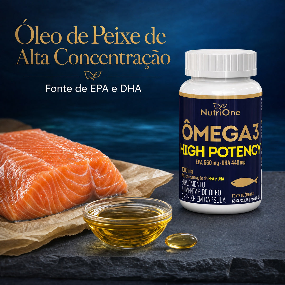 Omega 3 High Potency 1000mg EPA 660mg DHA 440mg 60 Capsulas Oleo de Peixe Alta Concentracao Sem Gluten - Nutrione