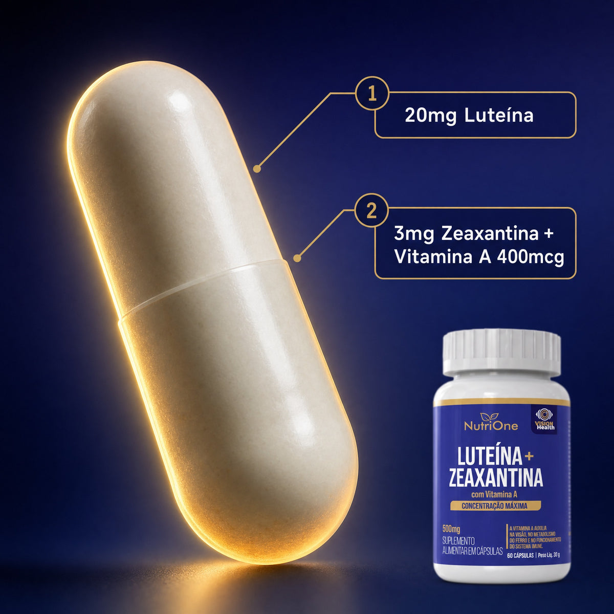 Luteina 20mg + Zeaxantina 3mg com Vitamina A - Suplemento Alimentar 60 Capsulas Concentracao Maxima - Nutrione