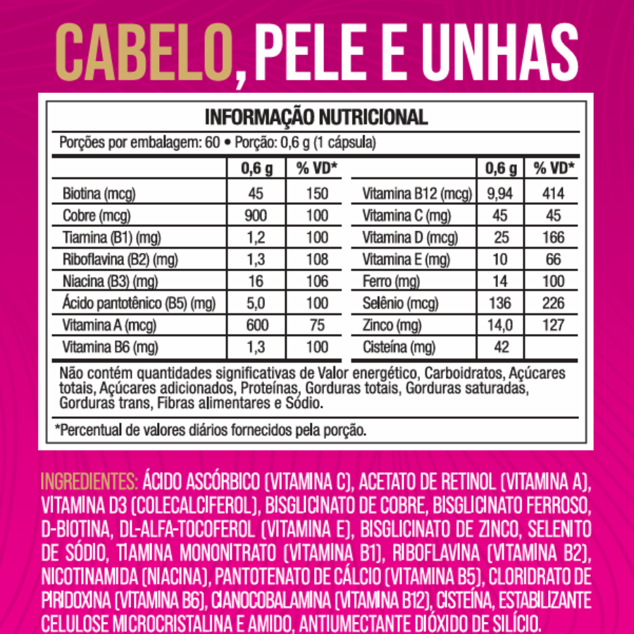 Cabelo, Pele e Unhas 60 Caps 600mg 16 Ativos - Nutrione