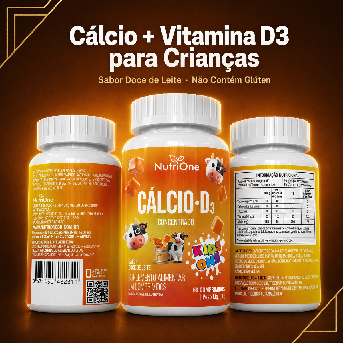 Cálcio D3 Concentrado Sabor Doce de Leite - Vitamina D3 e Carbonato de Cálcio - 60 Comprimidos - Nutrione