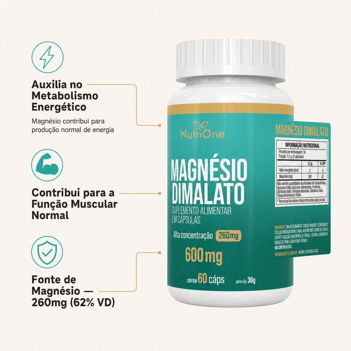 Magnesio Dimalato Puro Alta Concentracao 60 Caps - Nutrione