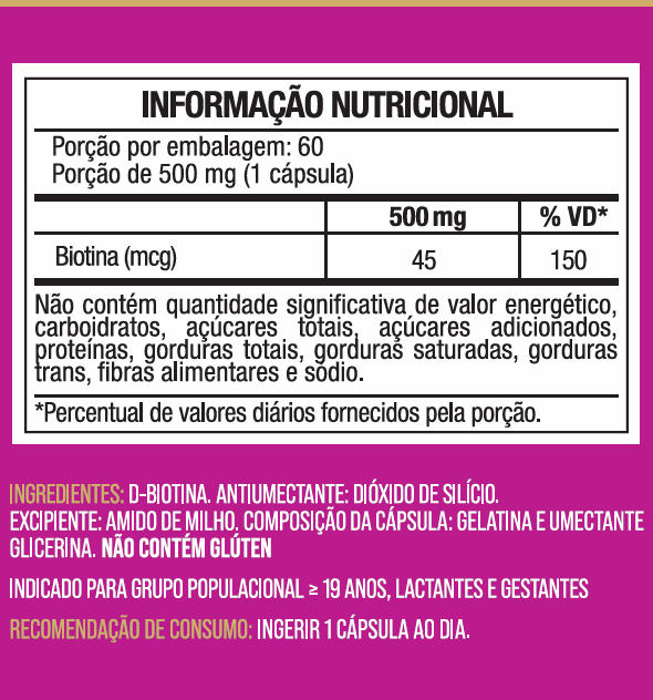 Biotina 45mcg Concentração Máxima 60 Cápsulas Vitamina B7 - Nutrione