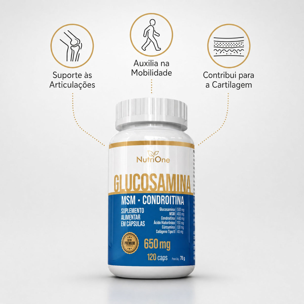 Glucosamina, MSM, Condroitina, Curcumina, Colageno Tipo II, Acido Hialuronico e Calcio 120 Caps - Nutrione