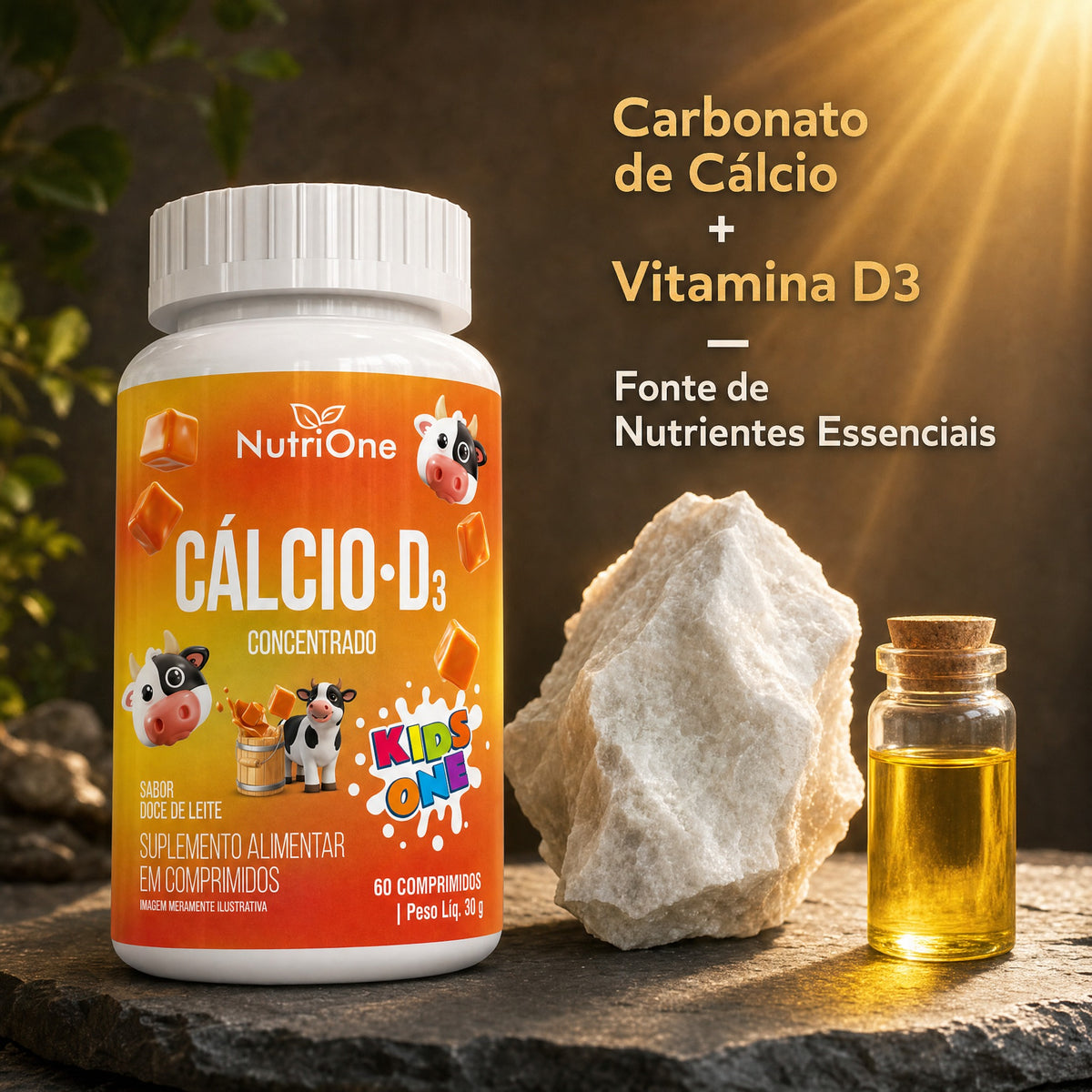 Cálcio D3 Concentrado Sabor Doce de Leite - Vitamina D3 e Carbonato de Cálcio - 60 Comprimidos - Nutrione