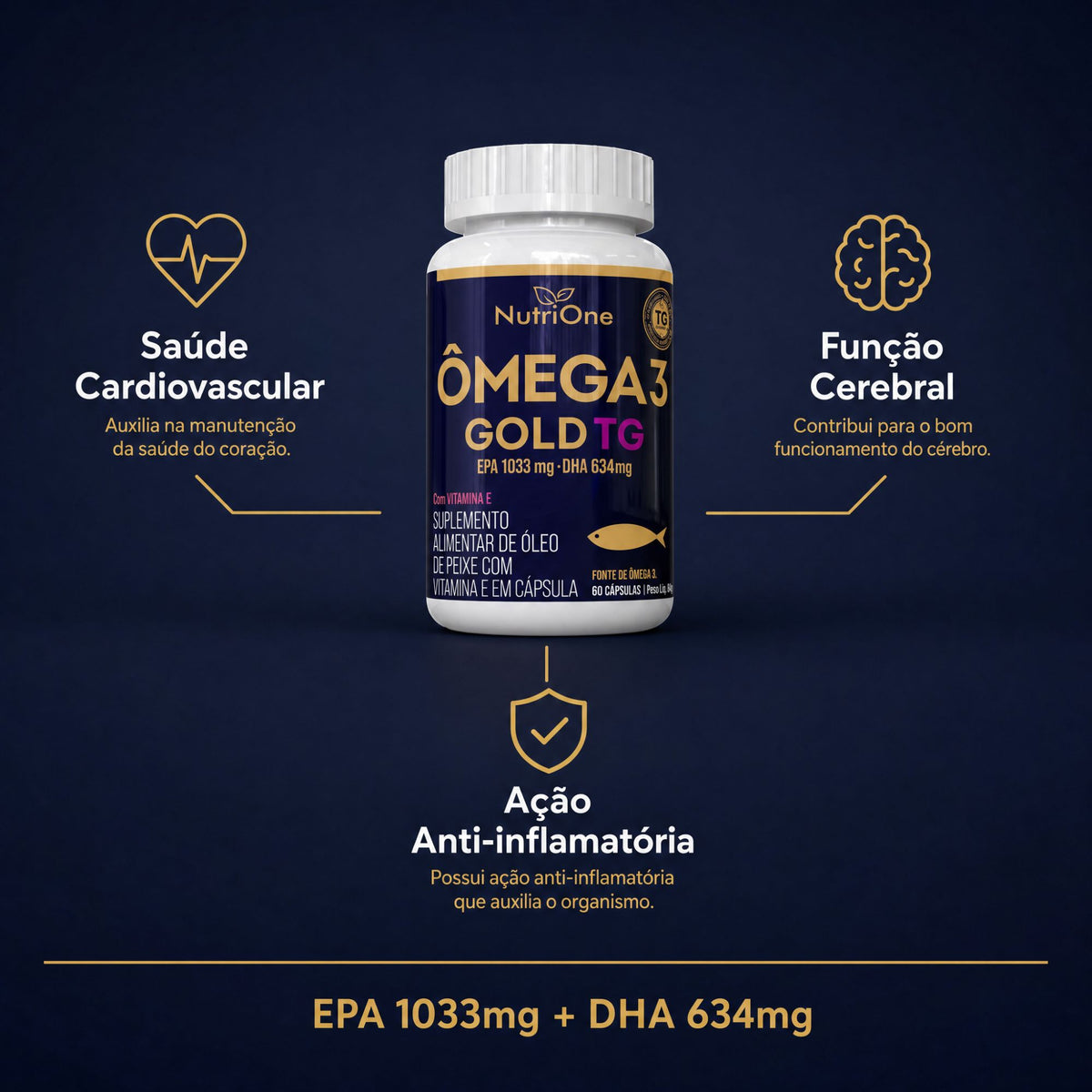 Ômega 3 Gold TG 1200mg EPA 1033mg DHA 634mg com Vitamina E 60 Cápsulas Óleo de Peixe Triglicerídeo Sem Glúten - Nutrione
