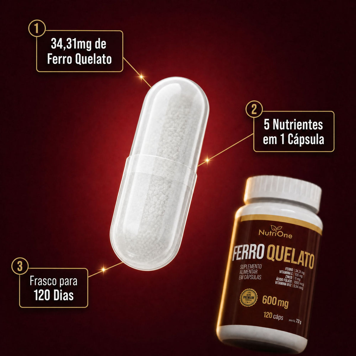 Formula Premium Ferro Quelato + 4 Ativos Concentrados 120 Capsulas - Nutrione