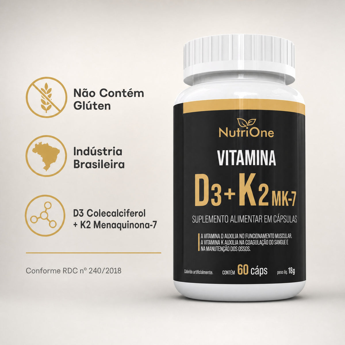 Vitamina D3 + K2 Mk7 Alta Concentracao 60 Caps - Nutrione