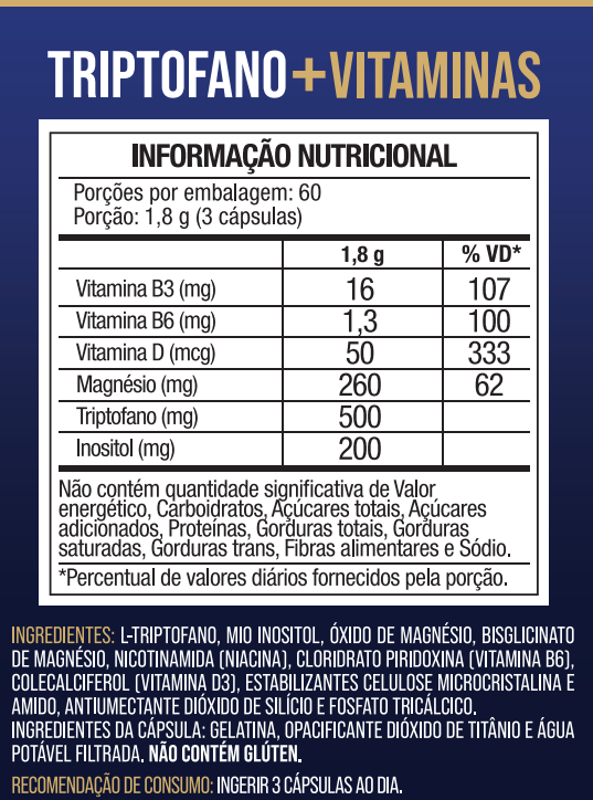 Triptofano + Vitaminas 500mg 180 Cápsulas