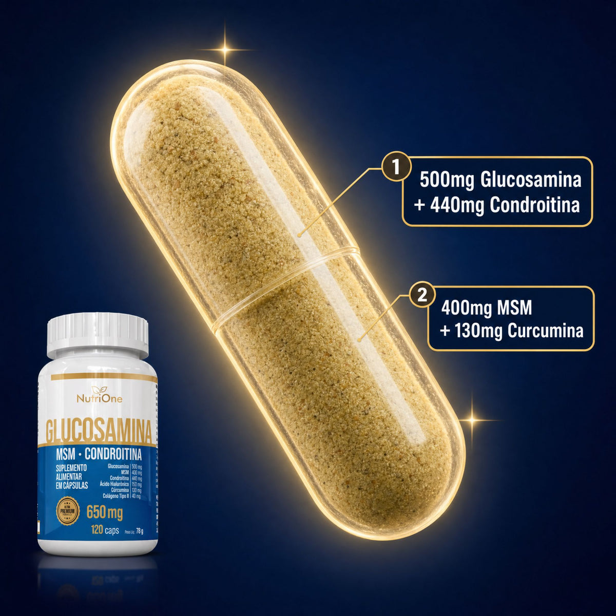 Glucosamina, MSM, Condroitina, Curcumina, Colageno Tipo II, Acido Hialuronico e Calcio 120 Caps - Nutrione