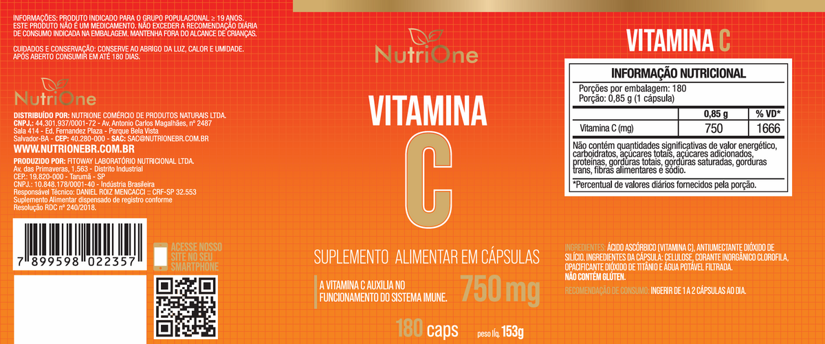 Vitamina C 750mg 180 Cápsulas - Nutrione