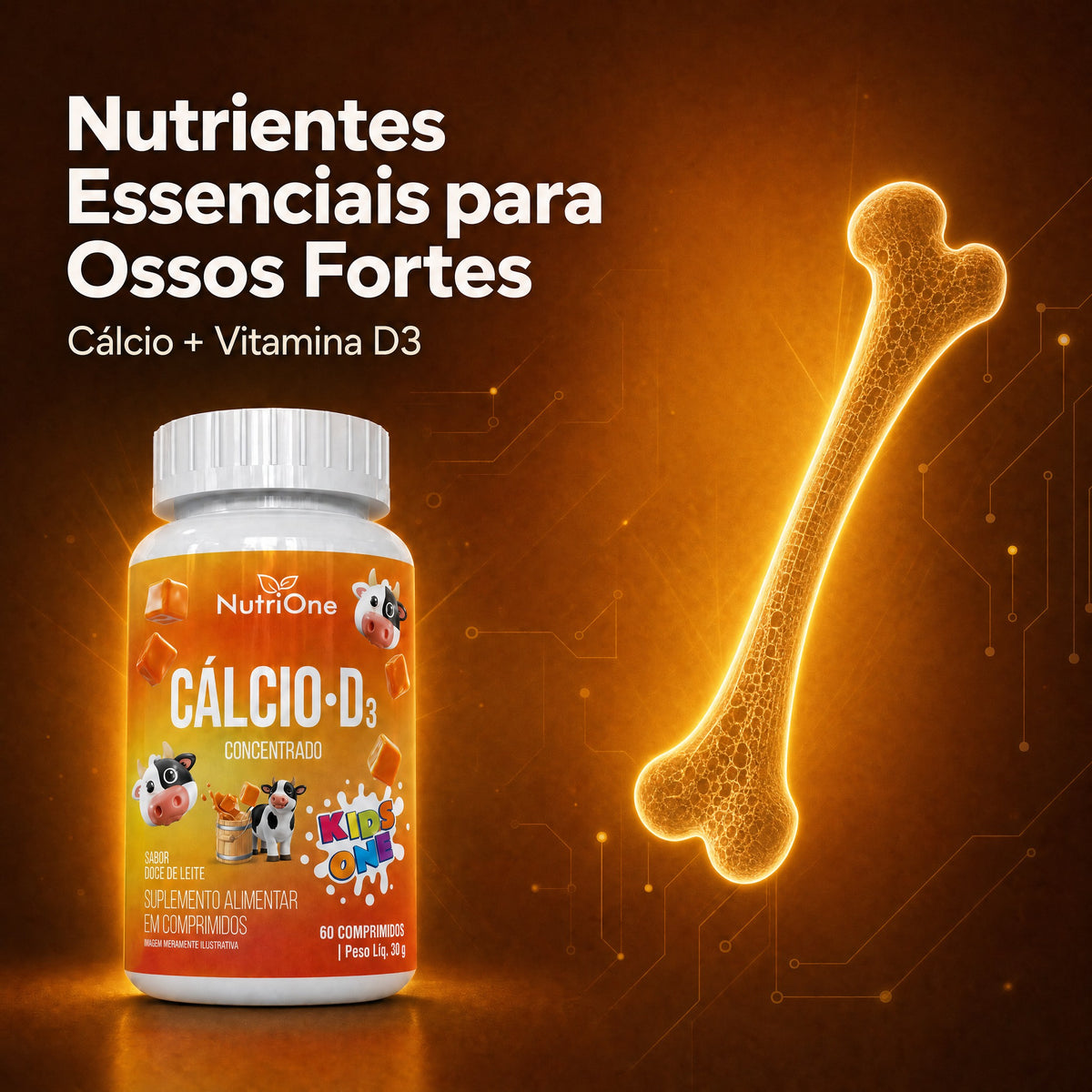Cálcio D3 Concentrado Sabor Doce de Leite - Vitamina D3 e Carbonato de Cálcio - 60 Comprimidos - Nutrione
