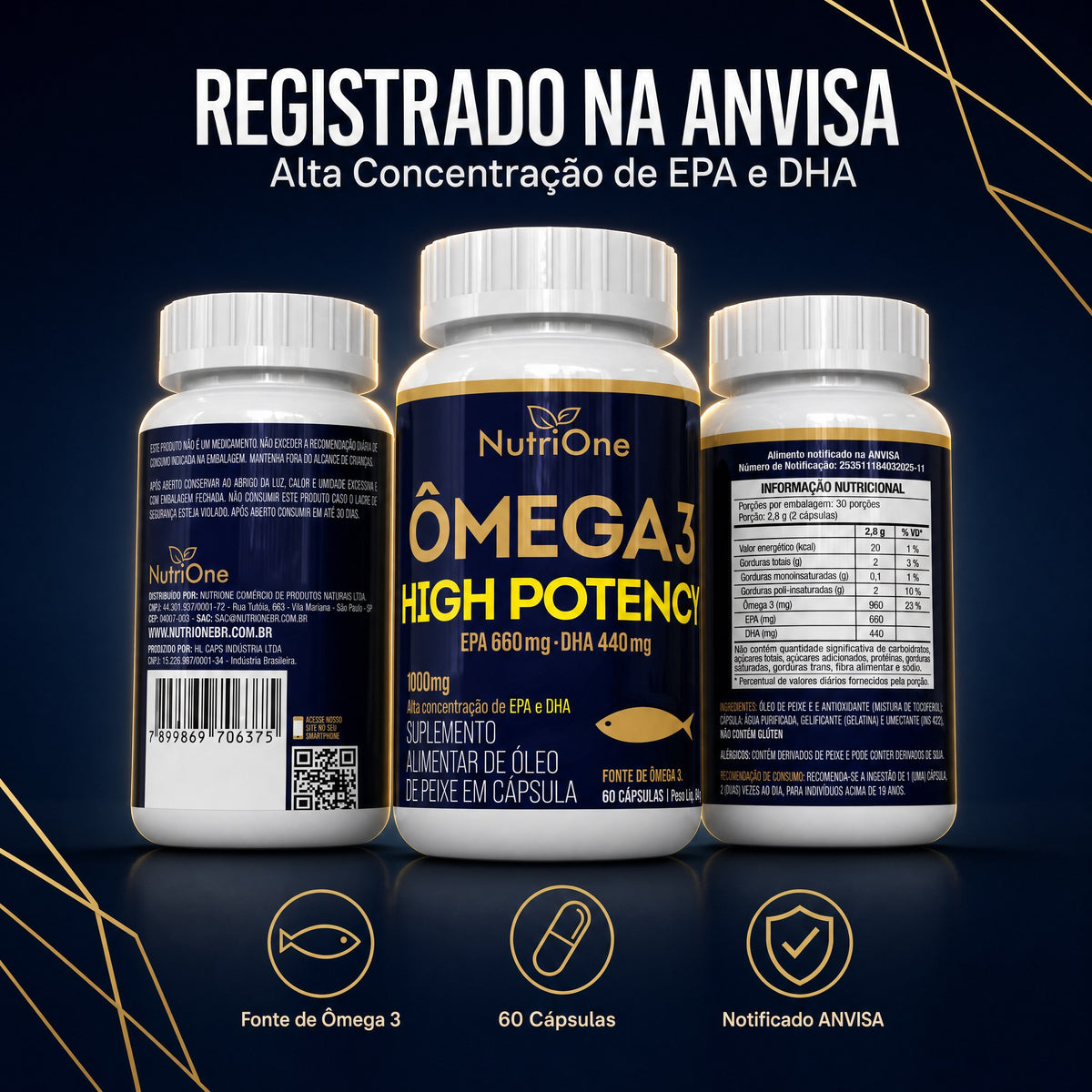Omega 3 High Potency 1000mg EPA 660mg DHA 440mg 60 Capsulas Oleo de Peixe Alta Concentracao Sem Gluten - Nutrione