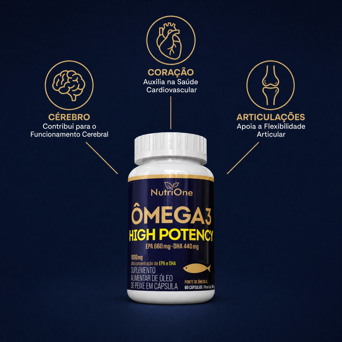 Omega 3 High Potency 1000mg EPA 660mg DHA 440mg 60 Capsulas Oleo de Peixe Alta Concentracao Sem Gluten - Nutrione