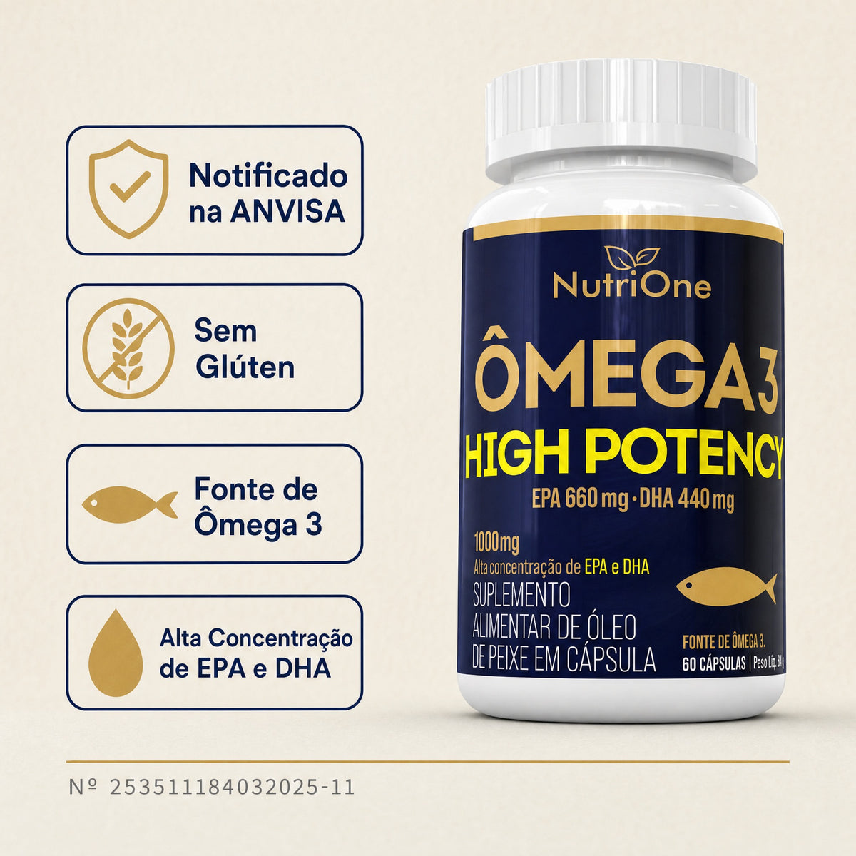 Omega 3 High Potency 1000mg EPA 660mg DHA 440mg 60 Capsulas Oleo de Peixe Alta Concentracao Sem Gluten - Nutrione
