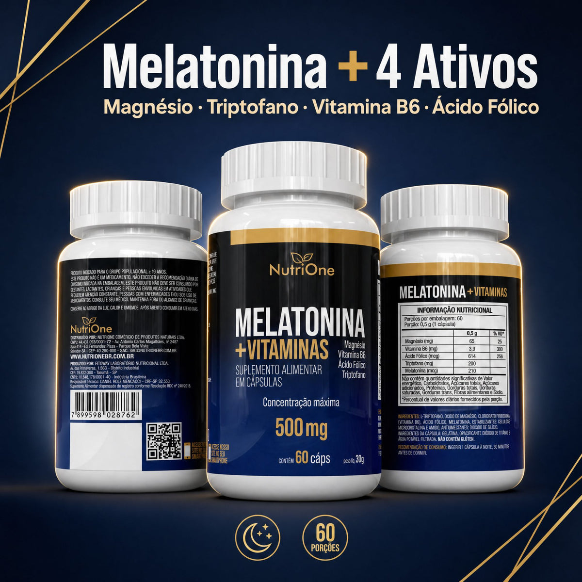 Melatonina 60 Capsulas + Triptofano, Magnesio, Metilfolato e Vitamina B6 - Nutrione