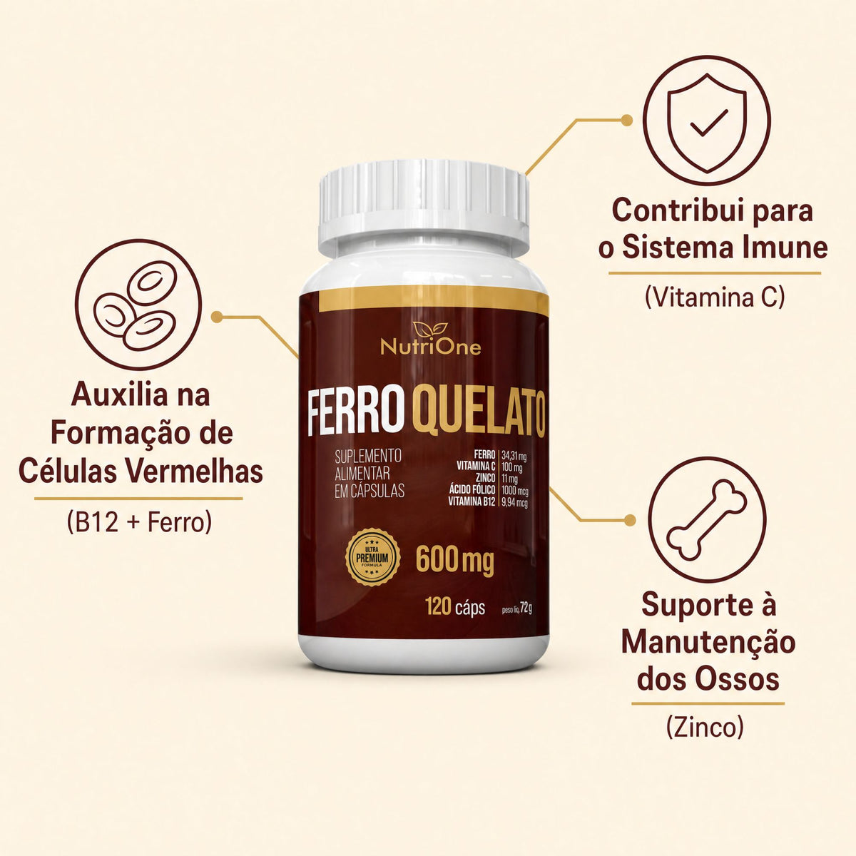 Formula Premium Ferro Quelato + 4 Ativos Concentrados 120 Capsulas - Nutrione