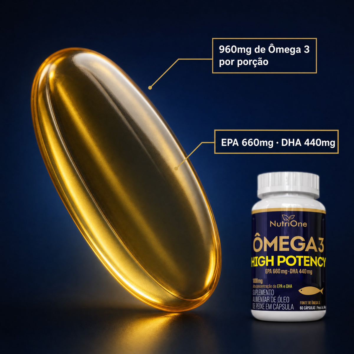 Omega 3 High Potency 1000mg EPA 660mg DHA 440mg 60 Capsulas Oleo de Peixe Alta Concentracao Sem Gluten - Nutrione