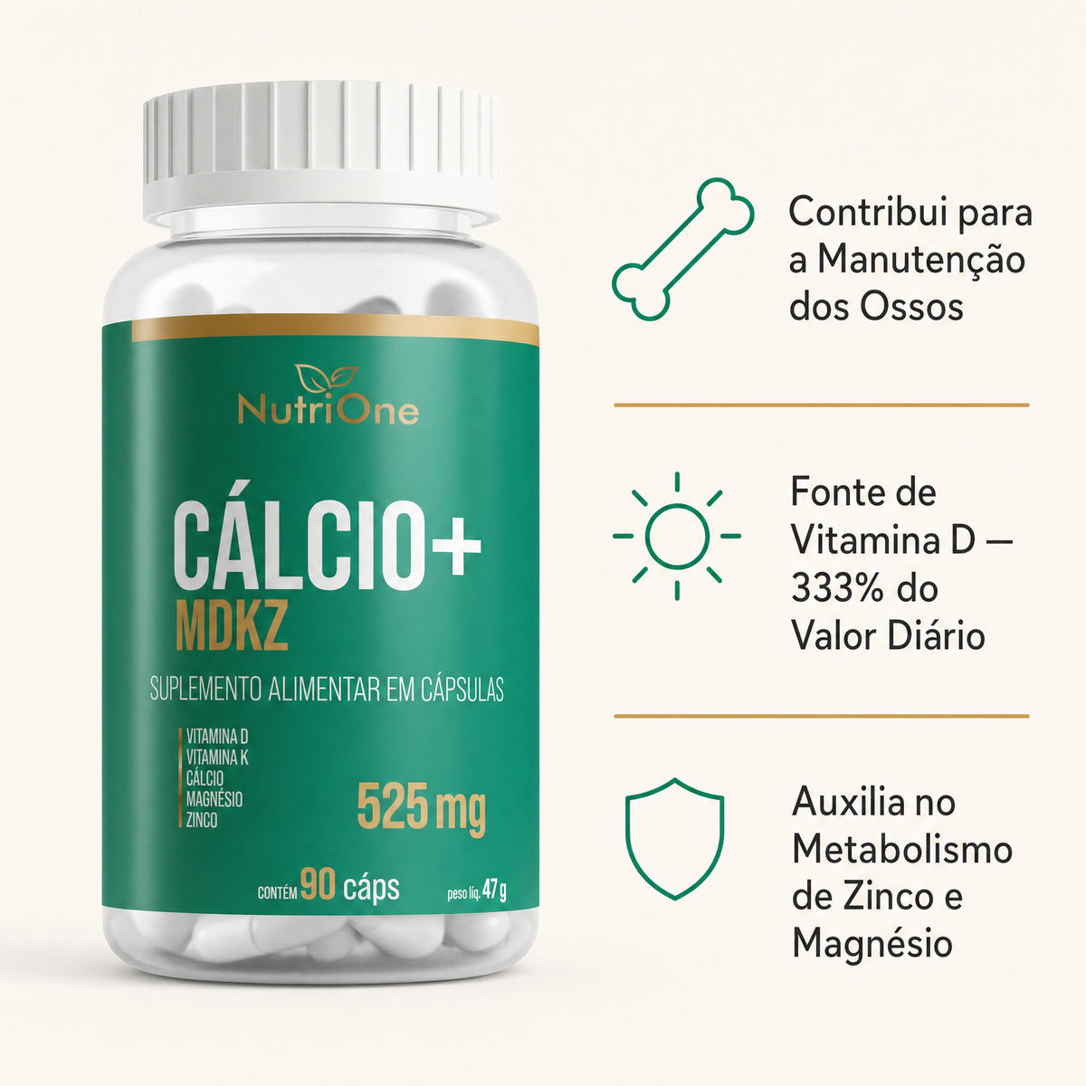 Calcio+ com Magnesio, Zinco e Vitaminas D e K2 90 Capsulas - Nutrione