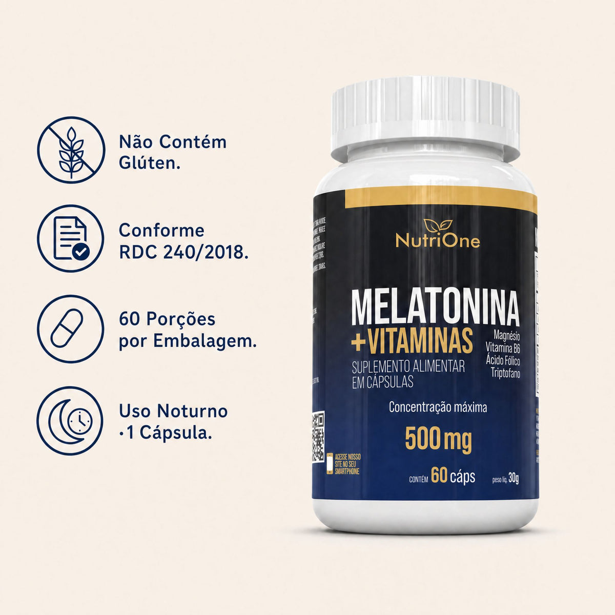 Melatonina 60 Capsulas + Triptofano, Magnesio, Metilfolato e Vitamina B6 - Nutrione