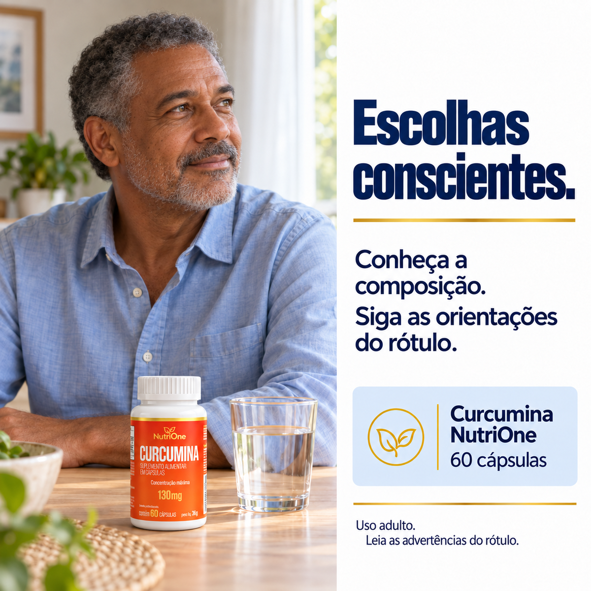 Homem maduro com Curcumina NutriOne sobre a mesa