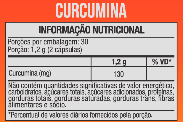Informação nutricional: 130 mg de curcumina por porção de duas cápsulas, 30 porções