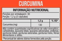 Informação nutricional: 130 mg de curcumina por porção de duas cápsulas, 30 porções