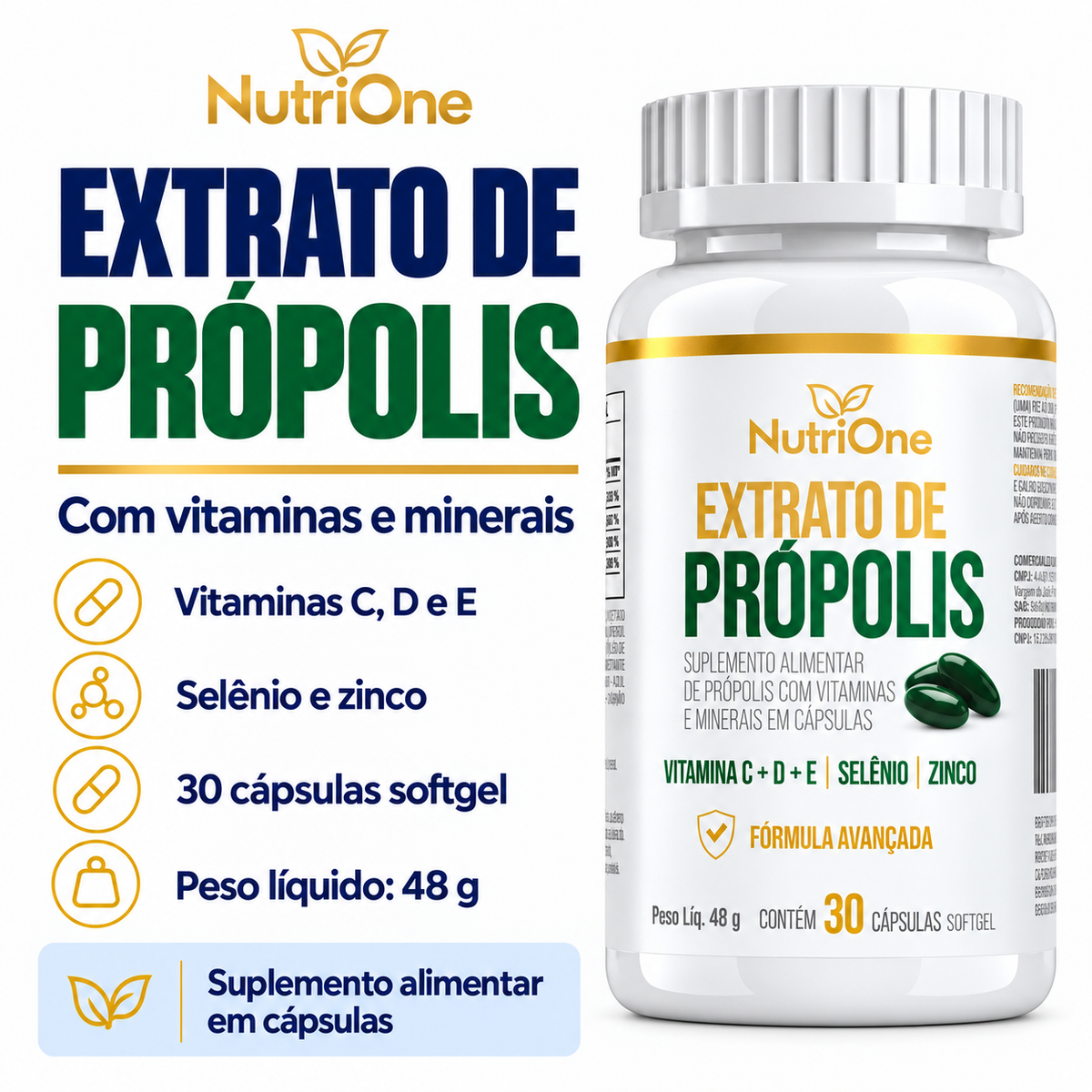 Apresentação do Extrato de Própolis NutriOne de 30 cápsulas