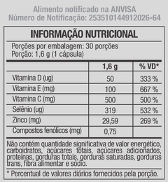 Tabela nutricional original do Extrato de Própolis NutriOne de 30 cápsulas